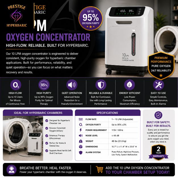 10 LPM professional-grade oxygen concentrator for Prestige Hyperbaric chambers