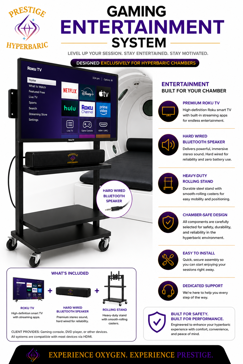 Gaming entertainment system with mobile stand, Roku TV, and Bose audio