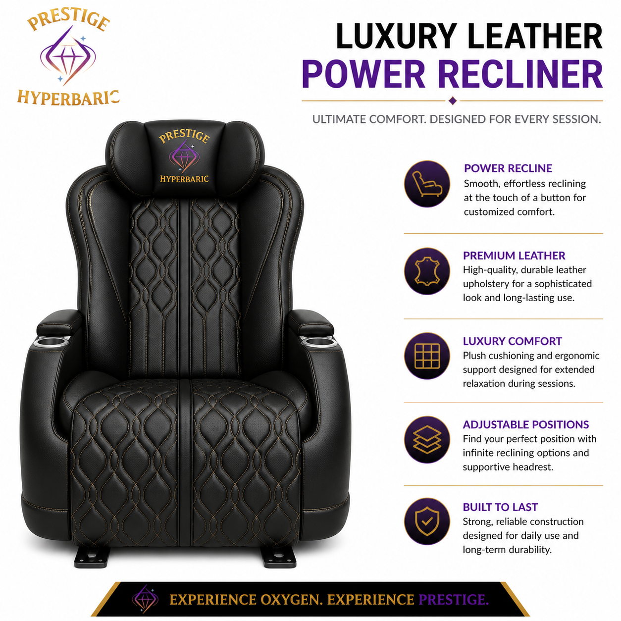 Luxury Real Nappa Leather power recliner for hyperbaric session comfort
