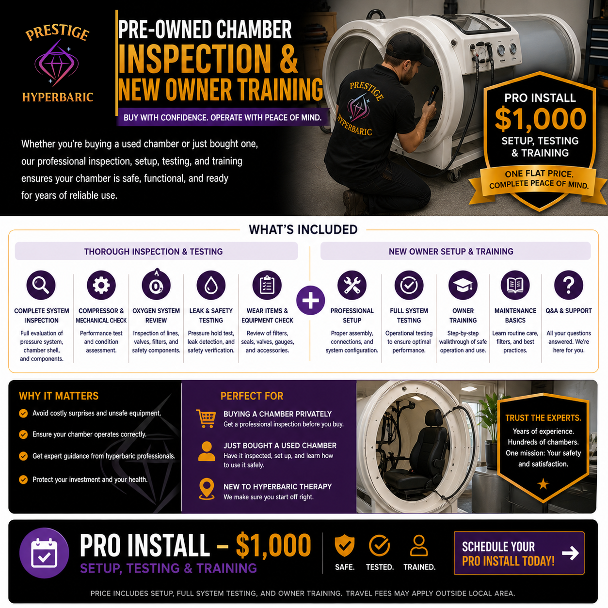 Pre-owned hyperbaric chamber setup and onboarding training