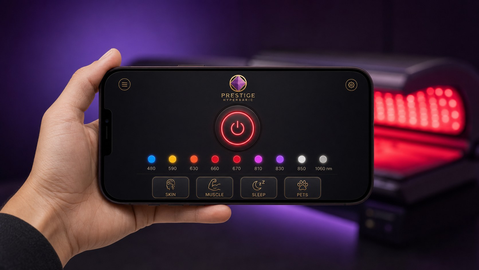 Prestige Hyperbaric Red Light app running on a smartphone next to the therapy bed