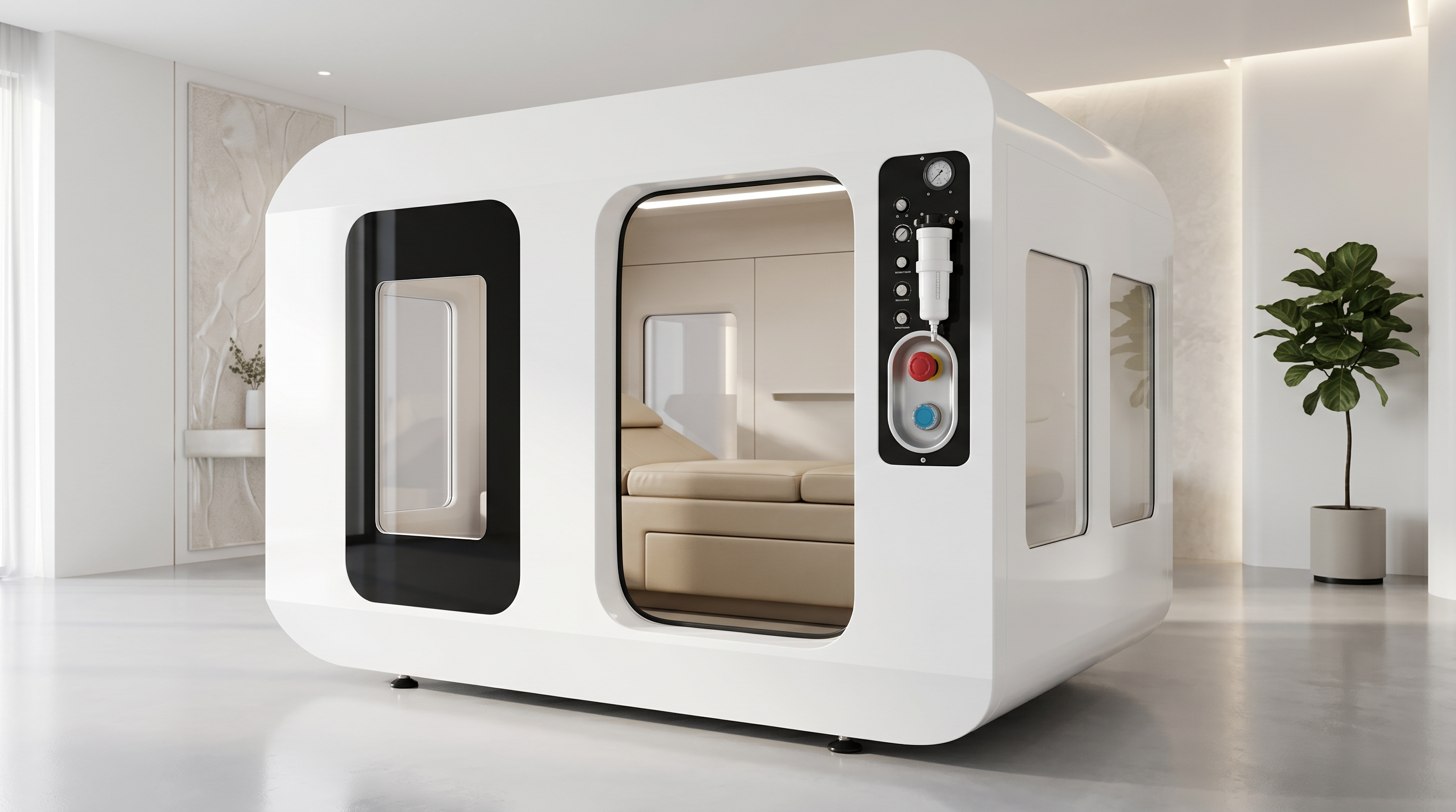 Hyperbaric chamber, red light panel, PEMF mat, sauna, and cold plunge equipment
