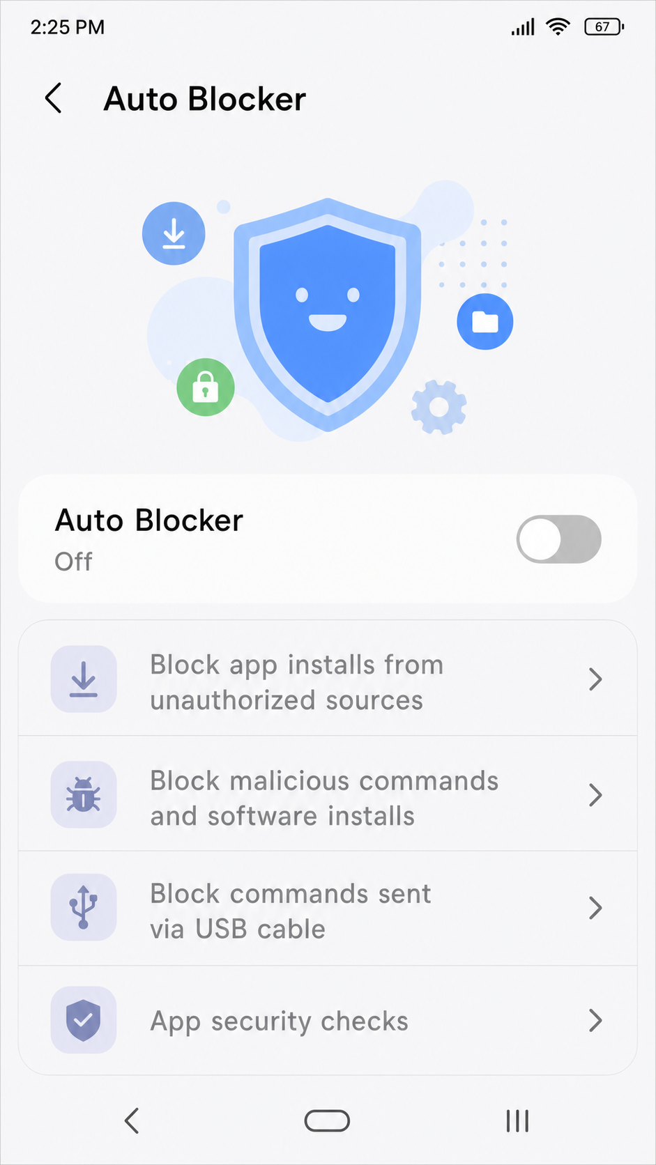 Samsung Auto Blocker settings screen showing the toggle in the OFF position