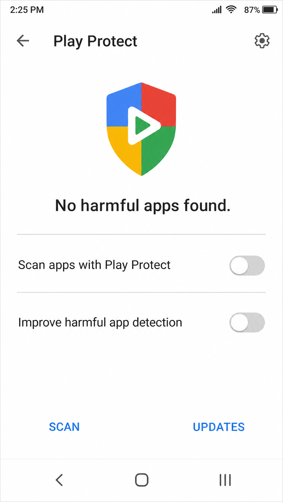 Google Play Protect settings screen showing Scan apps and Improve harmful app detection both toggled OFF