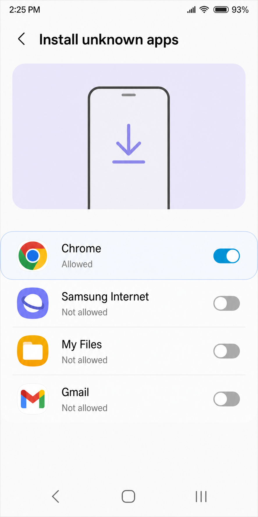 Android Install unknown apps screen showing Chrome toggled ON