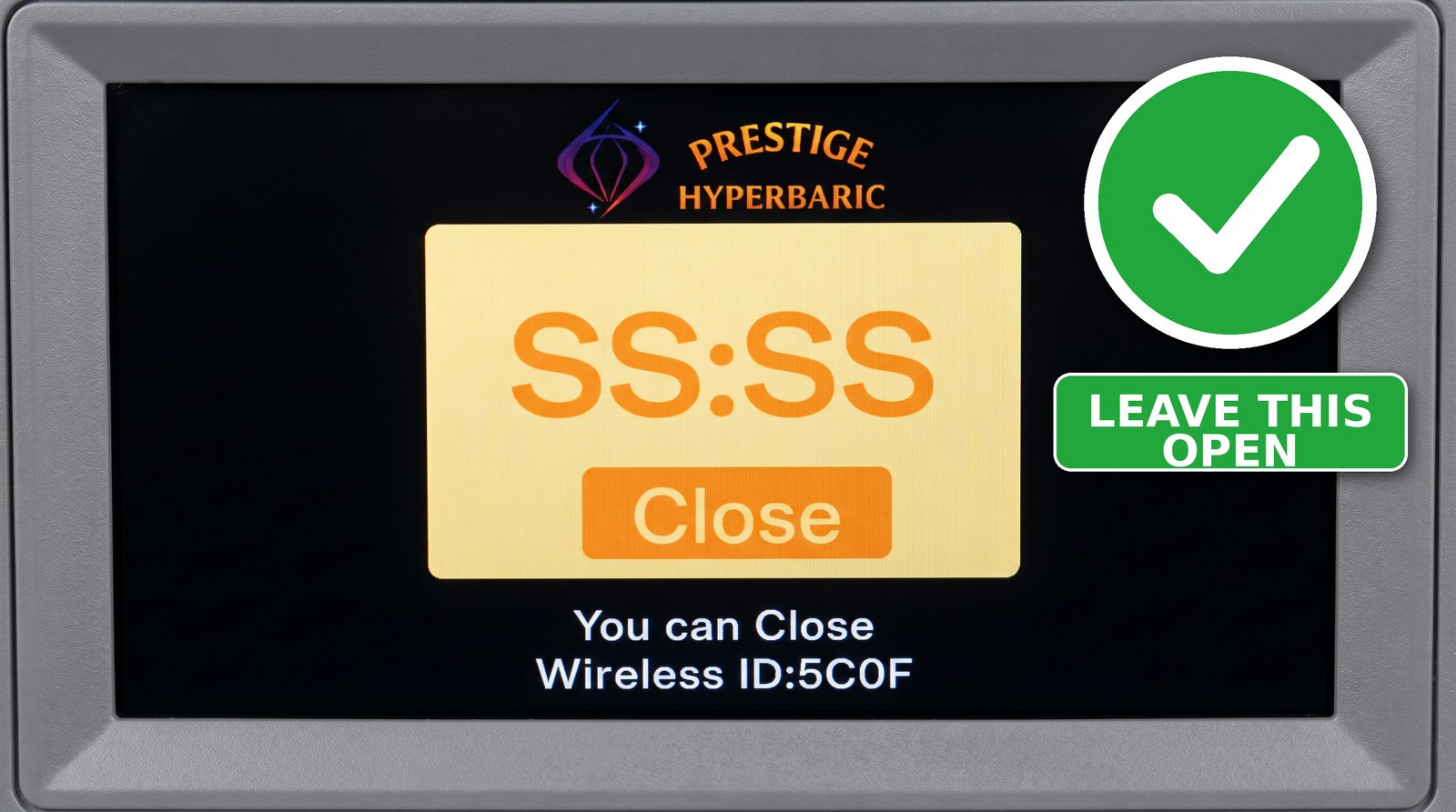 Top-bed LCD showing the flashing SS:SS search screen with Wireless ID 5C0F — leave this screen open while you finish pairing
