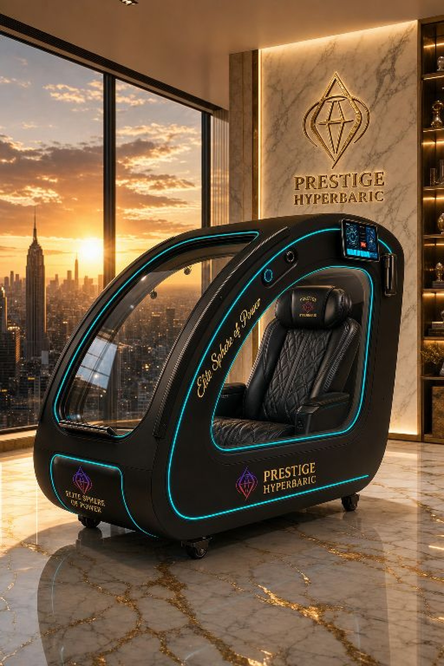 Elite Sphere of Power hyperbaric chamber with skyline view
