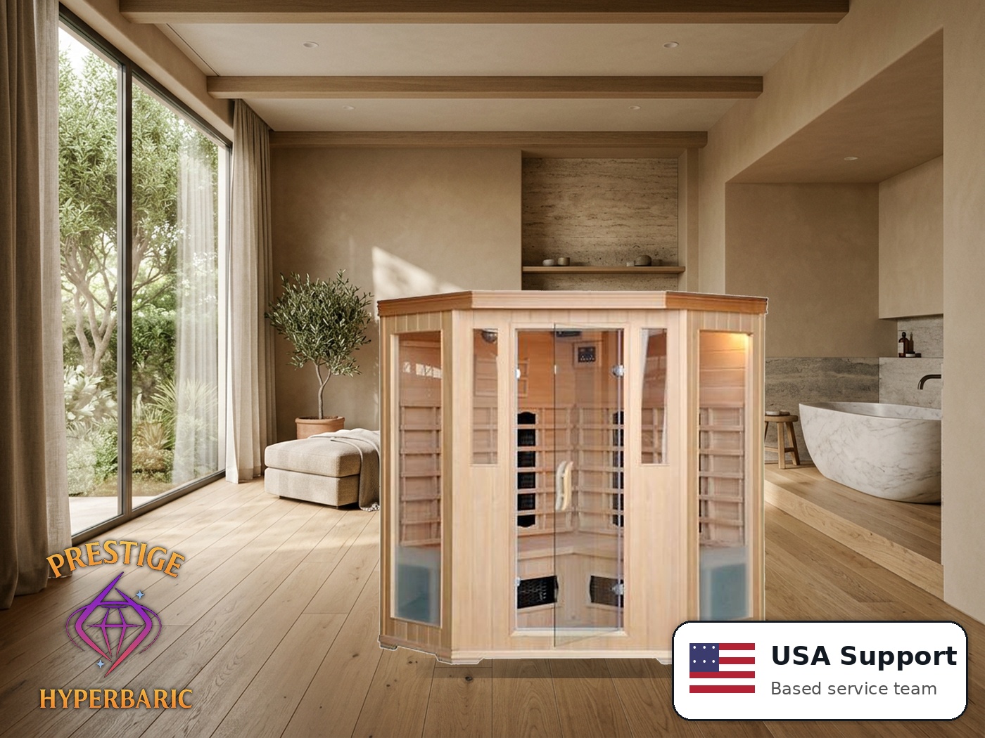Prestige Wellness Hybrid Heat Grand Trio Corner Sauna lifestyle product image