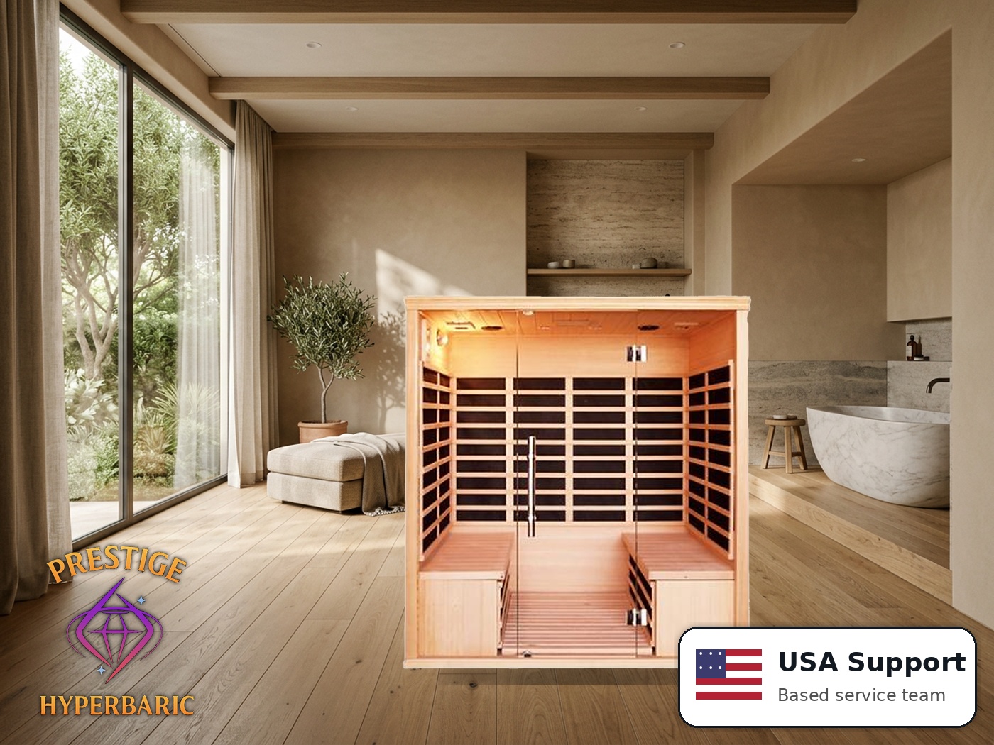 Prestige Wellness Panorama Glass Quad Sauna lifestyle product image