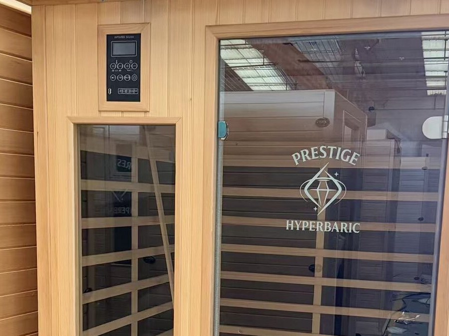 Prestige Wellness Carbon Duo infrared sauna in the Prestige showroom